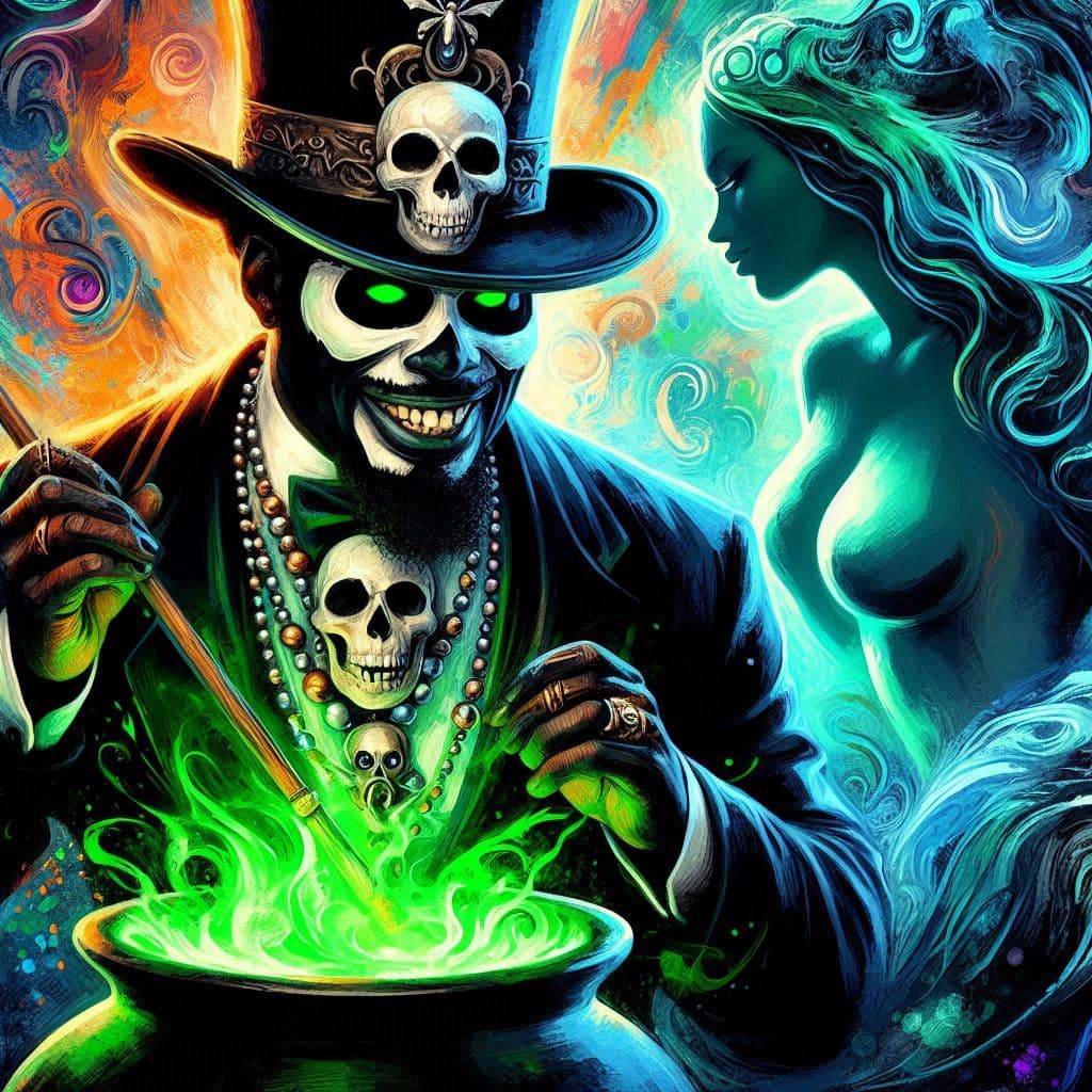 AI generated: Impressionist, Silky, Acrylic oil style painting sinister African American New Orleans Voodoo Priest...