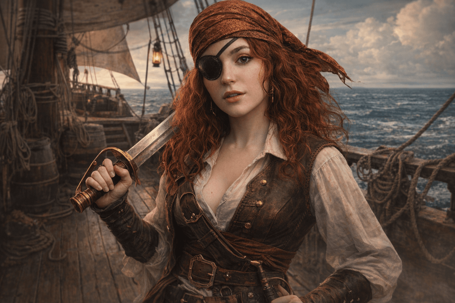 AI generated: Create an image of a female pirate character inspired by the facial features from the reference phot...