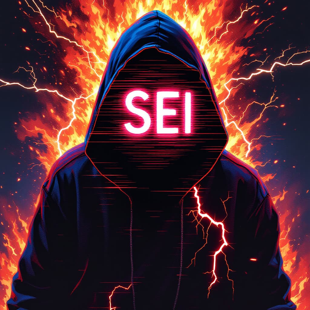 AI generated: A hooded figure stands before you, its face entirely consumed by the blinding neon word "SEI," flick...
