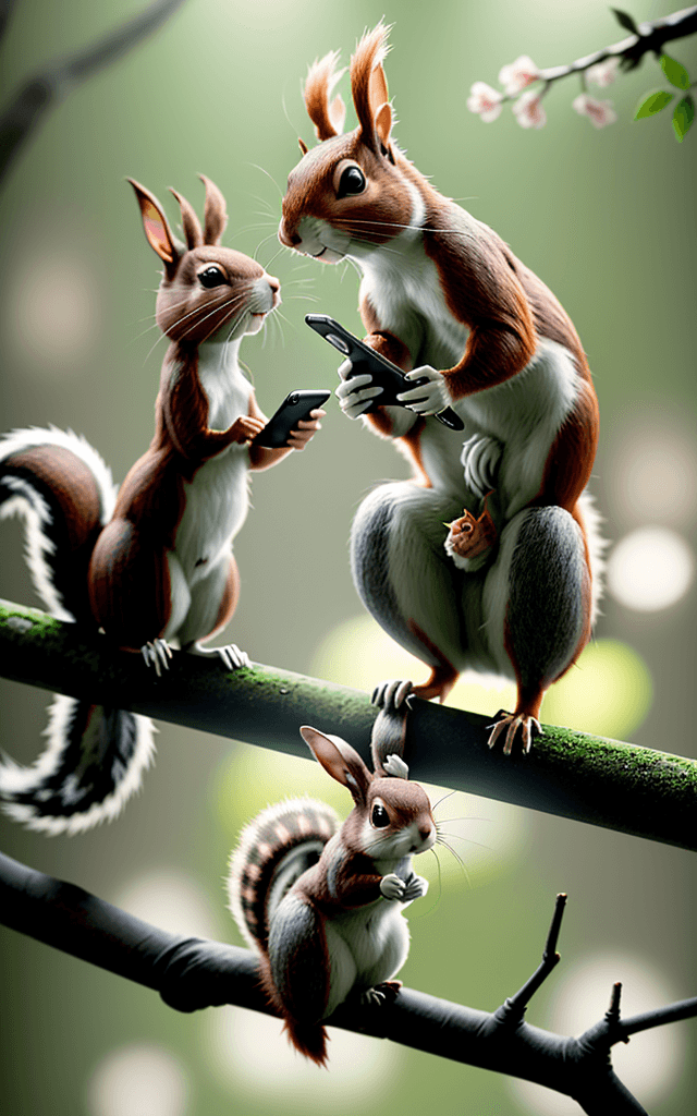 AI generated: a photo of a squirrel standing on a high branch giving the finger to a furious rabbit standing below...