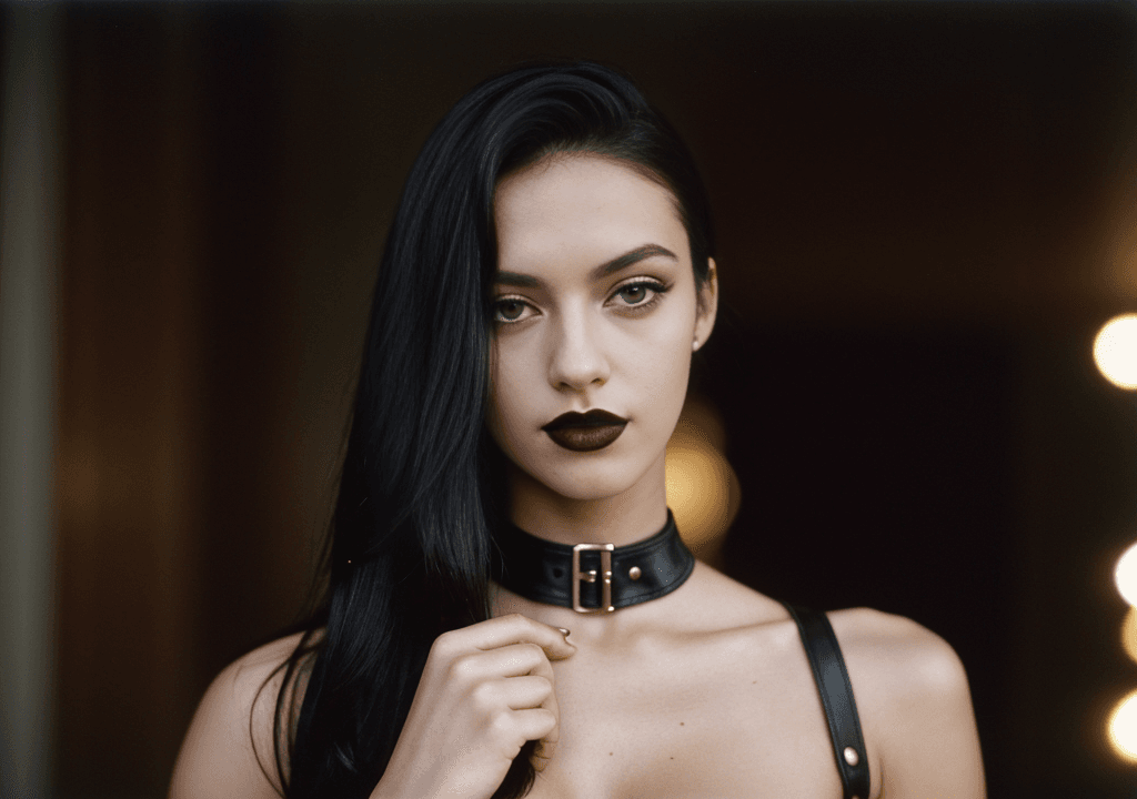 AI generated: analog photo, a cute girl, 22 years old, goth, black hair, choker, leather corsette, tits out, domin...
