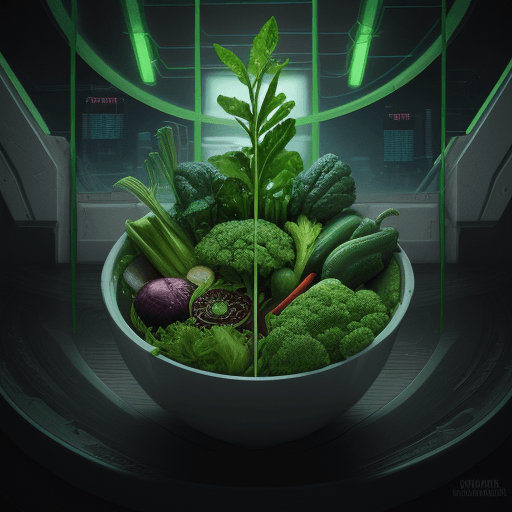 AI generated: vegan and vegetarian art, cyberpunk, mindfulness, peacefulness, health, calm, vegetables, greens