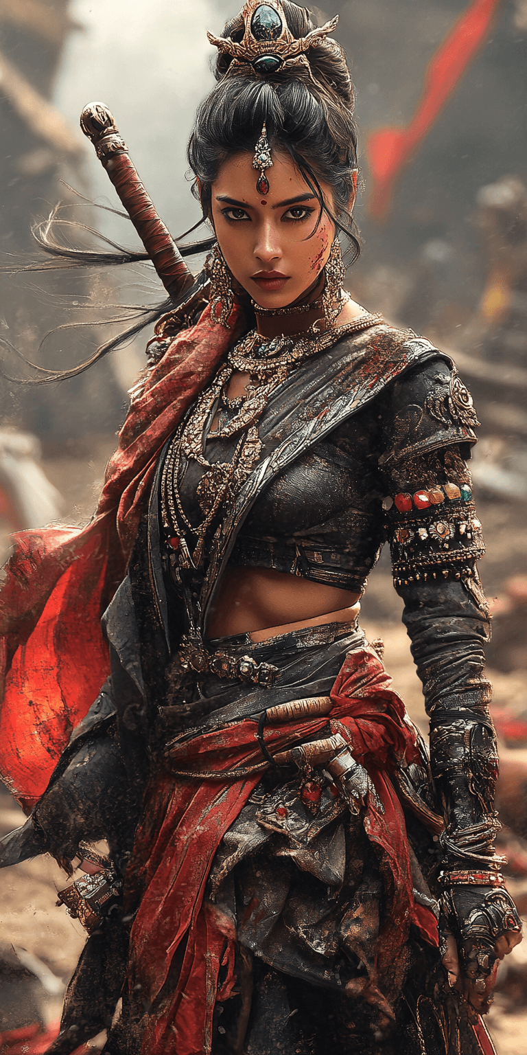 AI generated: A beautiful, brave, indian woman as a towering, battle-hardened Indian warrior, in a battle field, f...