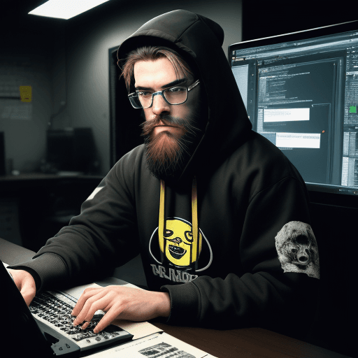 AI generated: hacker, darkroom, coder, computer, man, medium beard, cool, grunge, (typing), ultra-detailed and det...