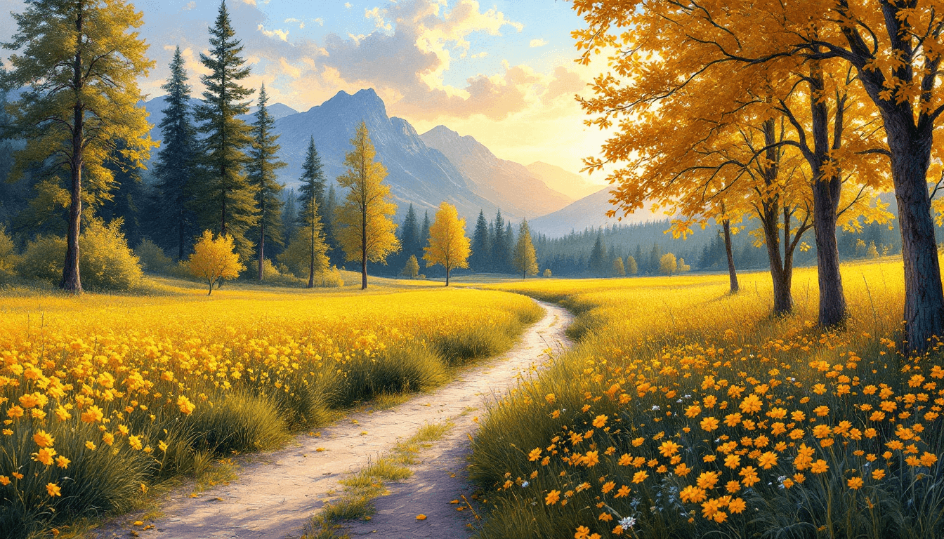 AI generated: A scenic pathway winding through a vibrant field of yellow wildflowers, bordered by tall trees with ...