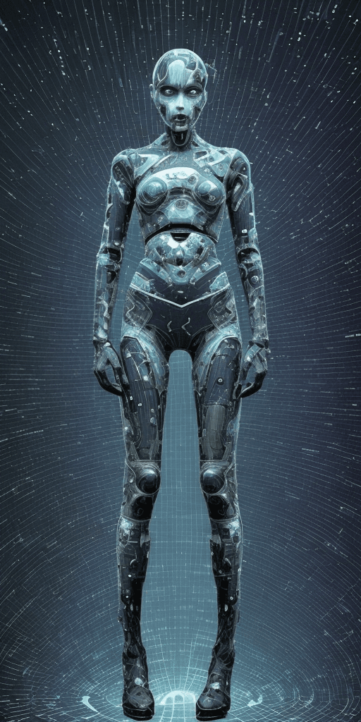AI generated: (4k4d rfktrstyle "the android stared at me a strange hybrid semi anthrop morpic from the waste up bu...