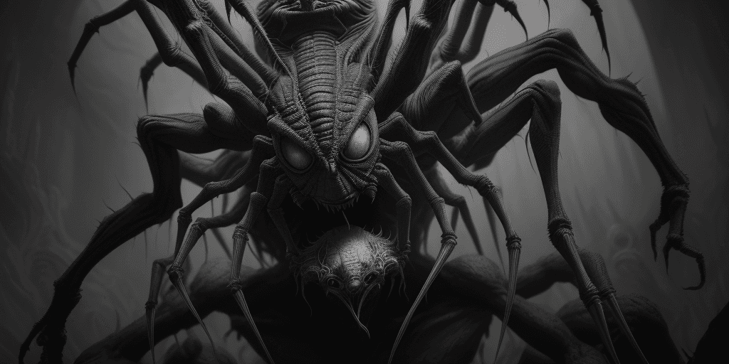 AI generated: human spider head, mutant creature with huan head and spider legs from his mouth, bizarre, by gustav...