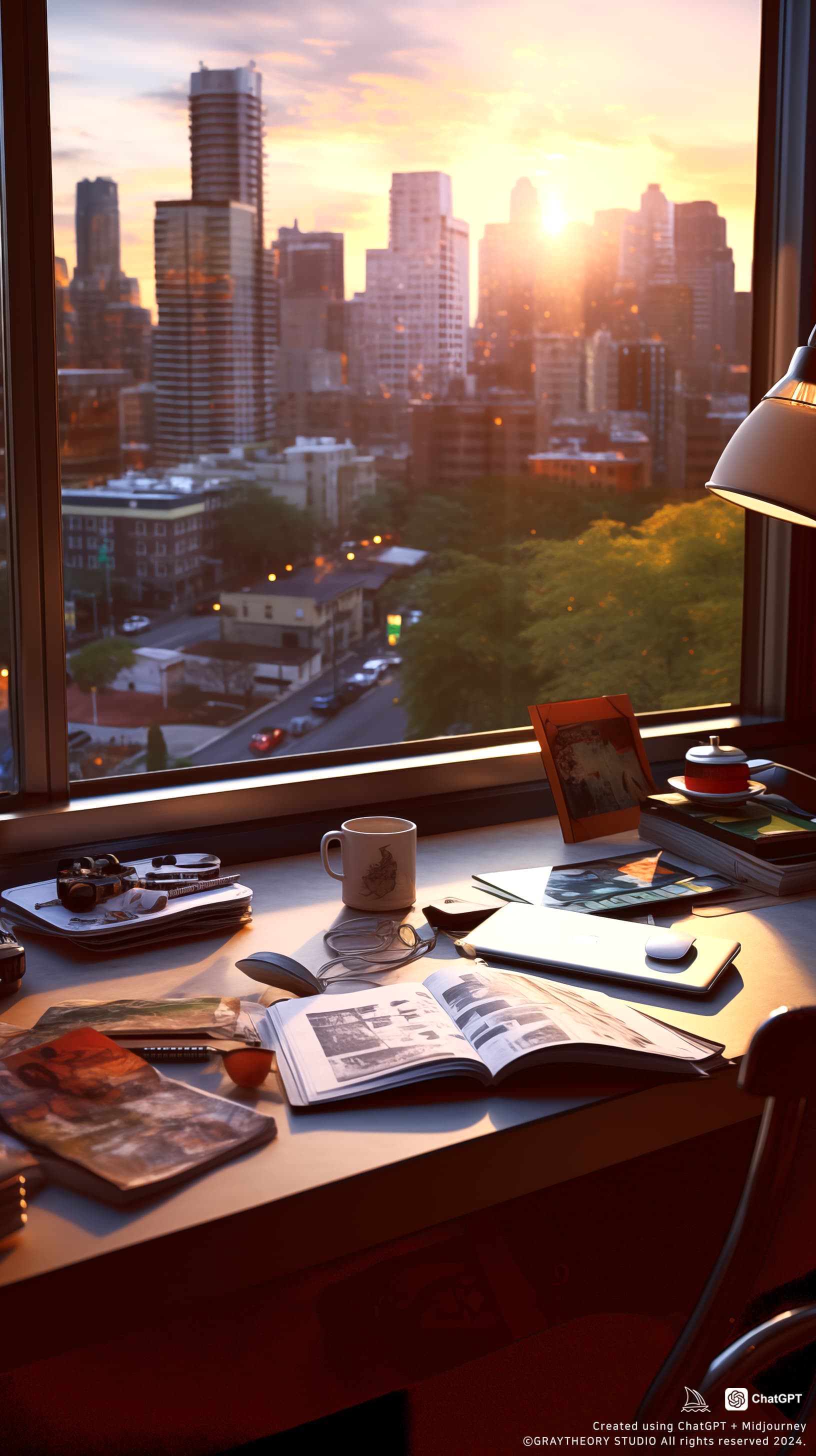 AI generated: front shot, canon EOS 5d, photorealistic, office:: desk + closed labtop:: silver mackbook + pencil +...