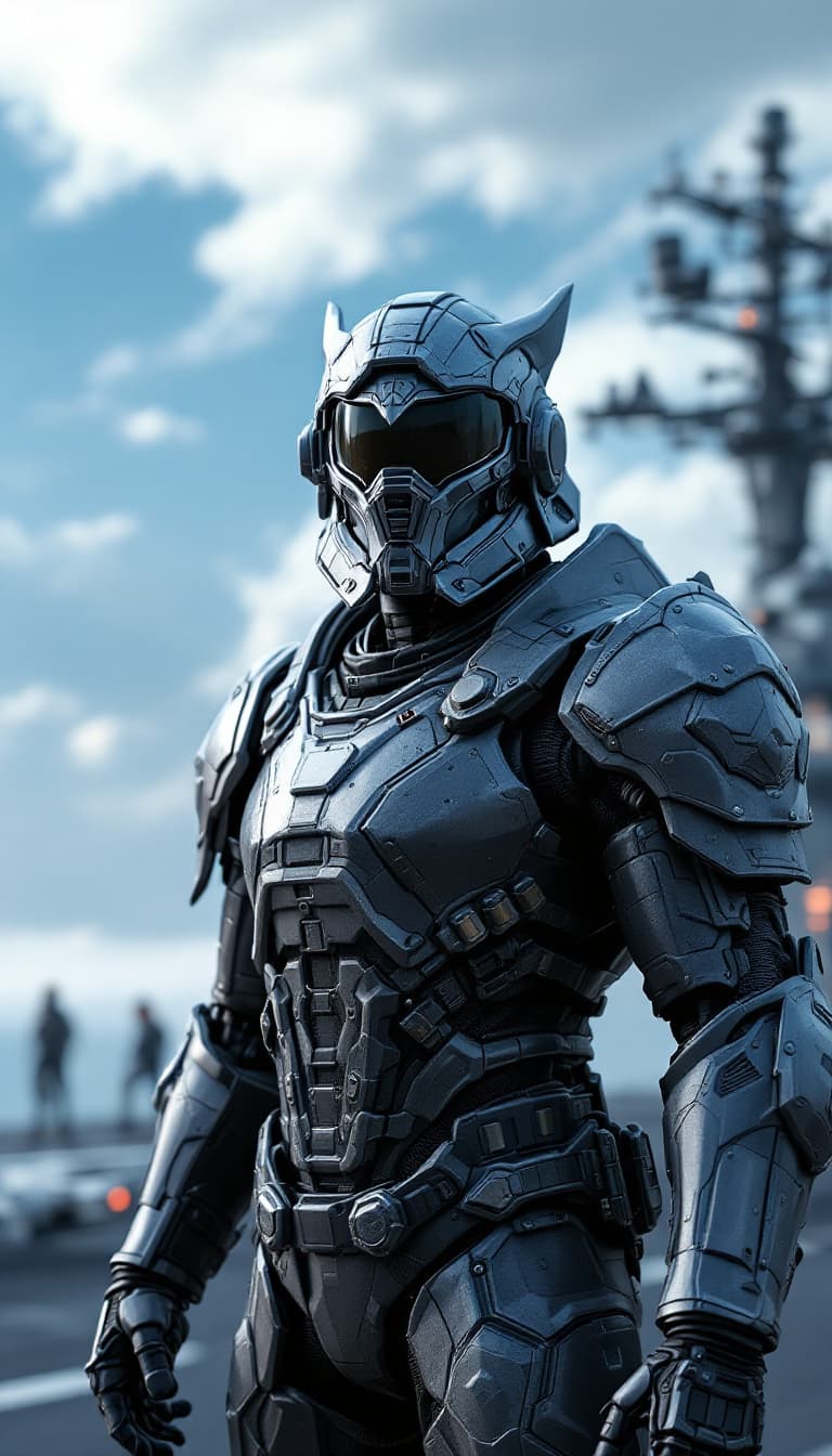AI generated: HD 4K 3D render of a hyper-realistic male mech pilot, wearing an intricate knight helmet, standing c...