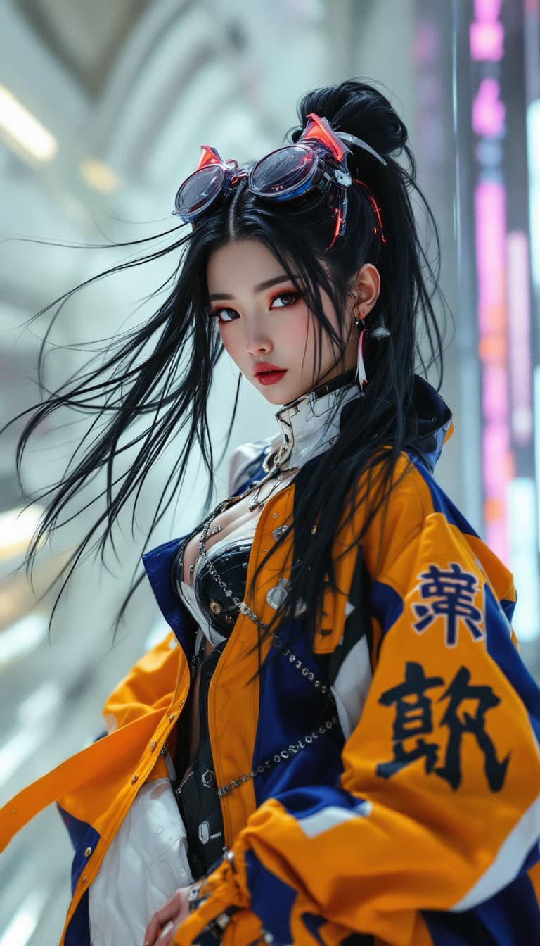 AI generated: A Korean idol, full body, hyper detailed jet black hair, fashion model, futuristic outfit, draw by W...