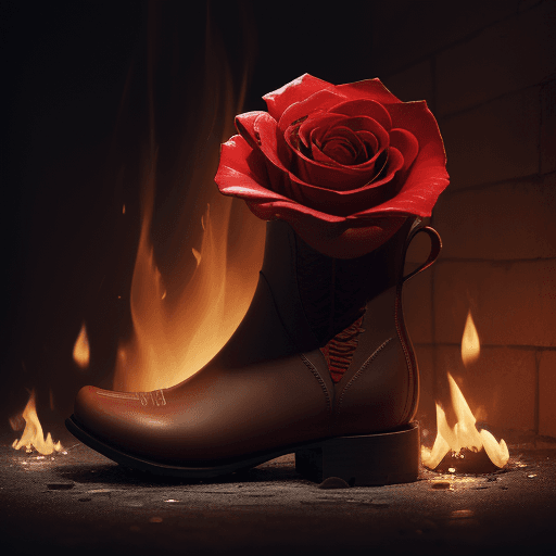 AI generated: A rose ln a boot floating in he'll, aspects of love and pain, fire, but also love