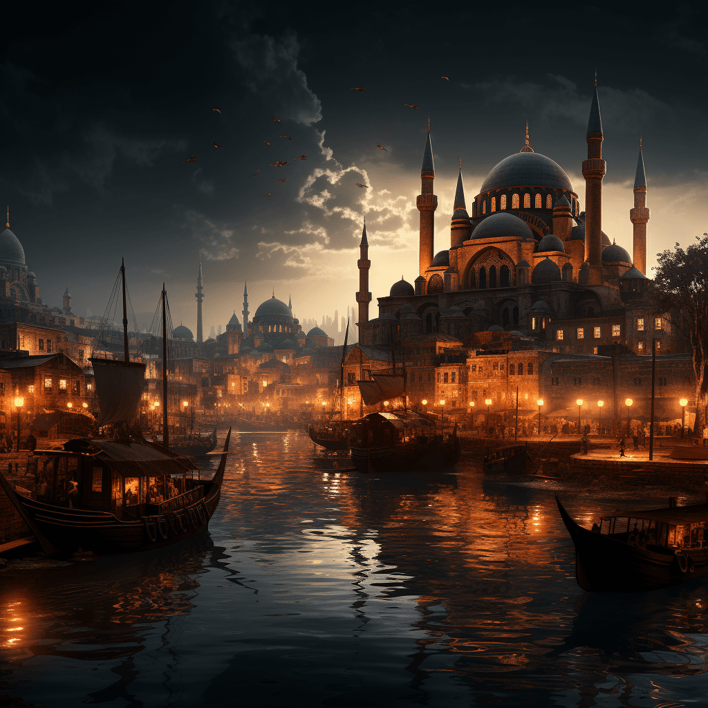 AI generated: The Golden Horn of the Byzantine Empire, with its huge swarms of warships, its towering walls and fo...