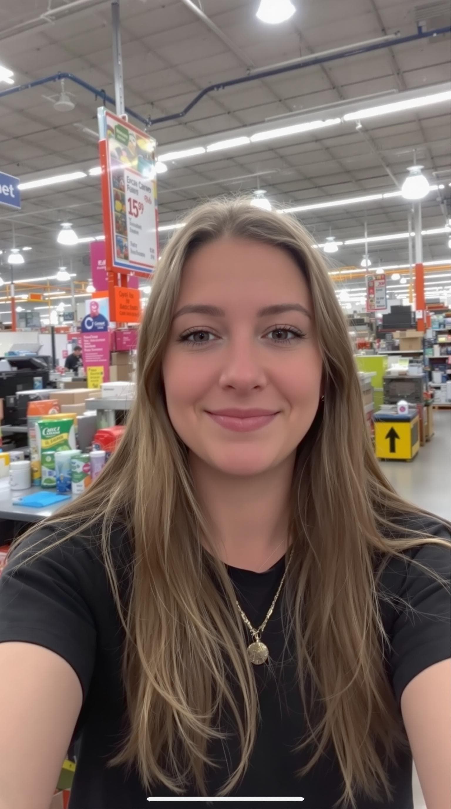 AI generated: A woman with long hair, wearing black t-shirt, in appears at camera, taking an instagram video while...