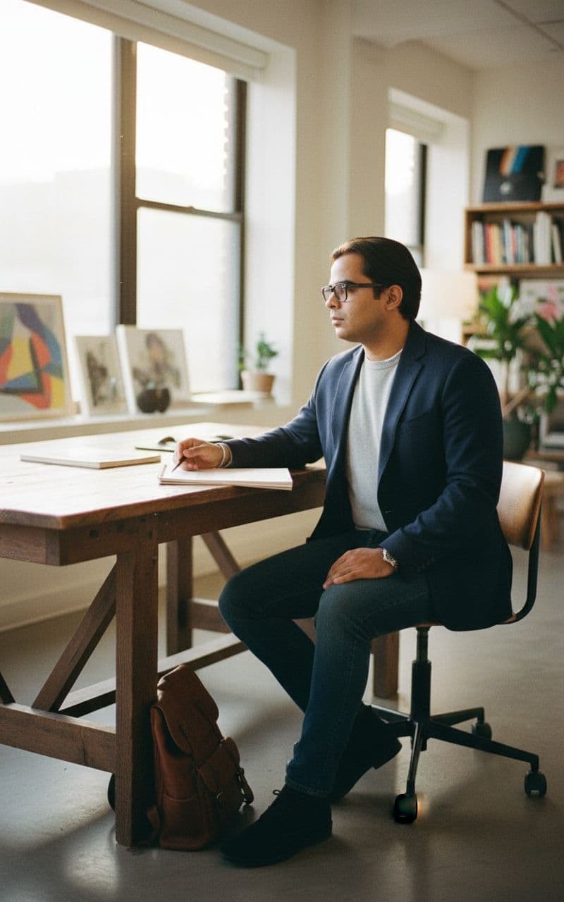 AI generated: Subject: A thoughtful late-20s man. Clothing: Unstructured navy blue blazer, light grey merino wool ...