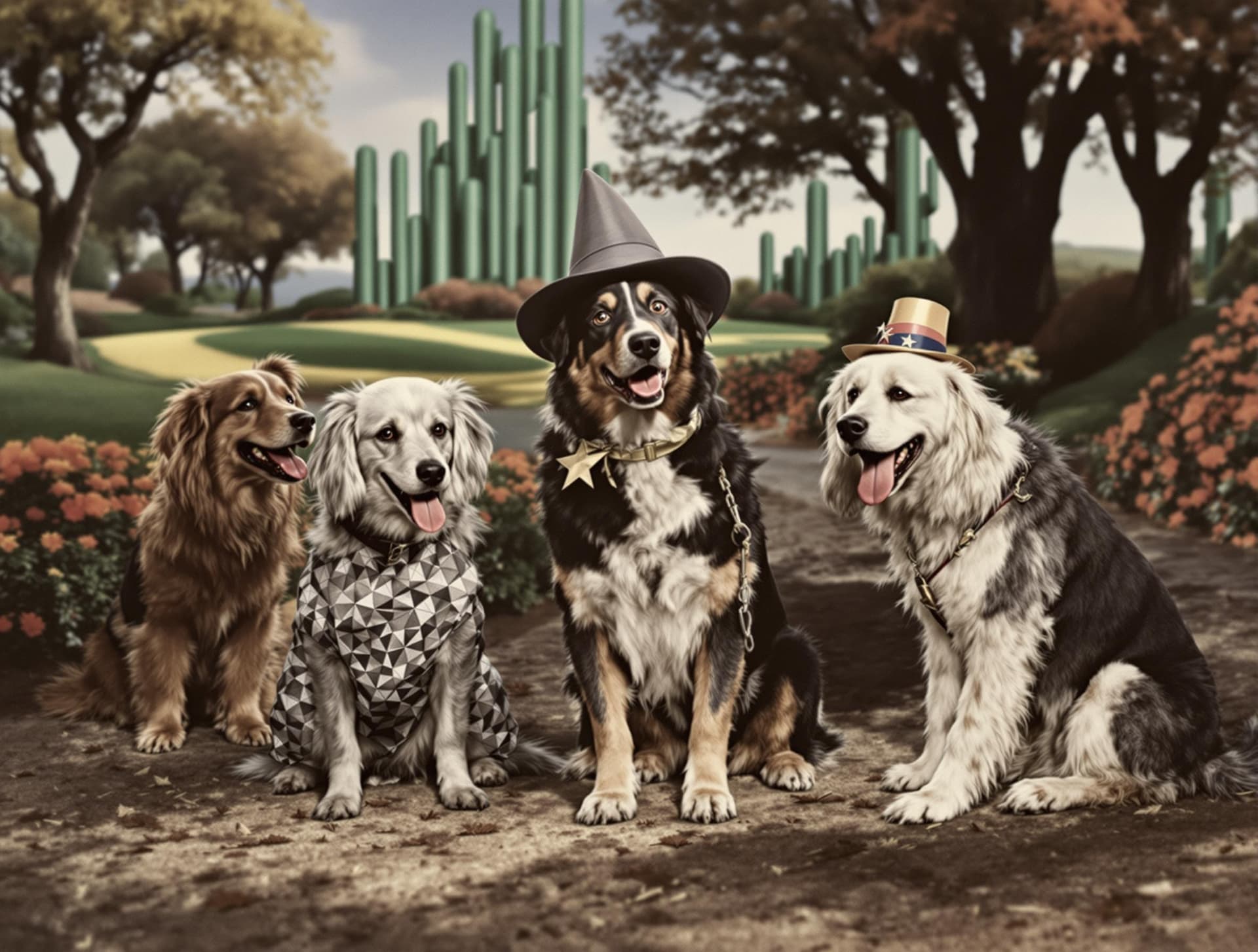 AI generated: Photorealistic, a movie still of the cast of the wizard of oz as dogs, vintage photograph, candid im...