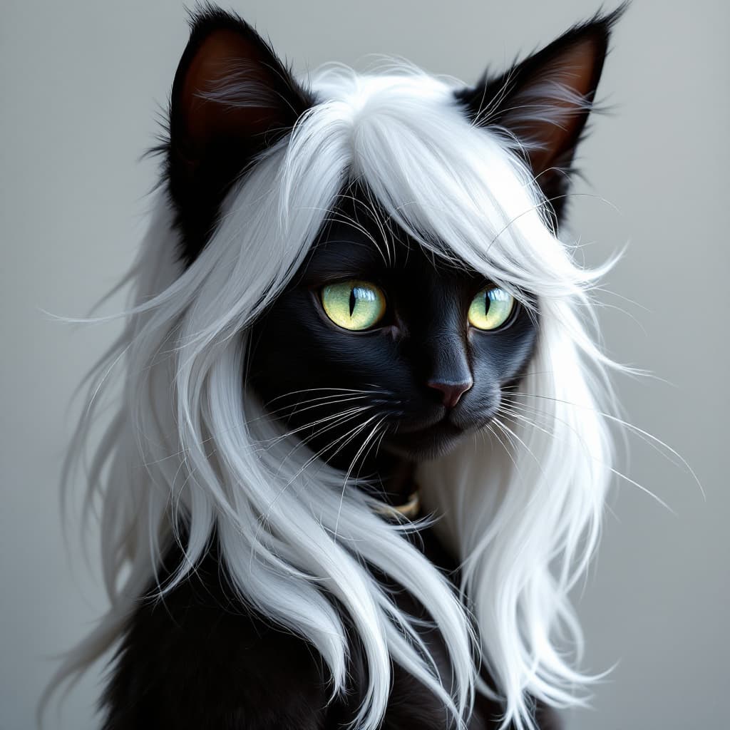 AI generated: Naked anthro furry female black cat with white hair