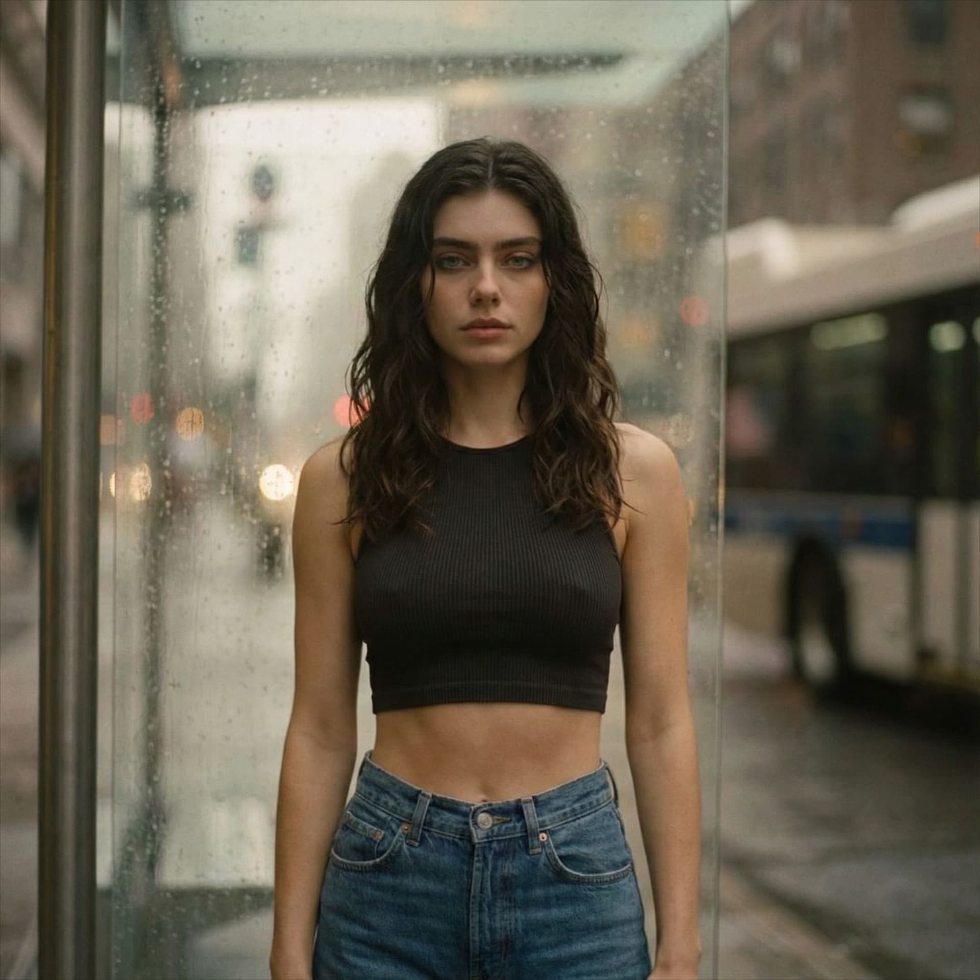 AI generated: a woman wearing a cropped top and jeans standing in front of the bus stop,in the style of Oleg Opris...