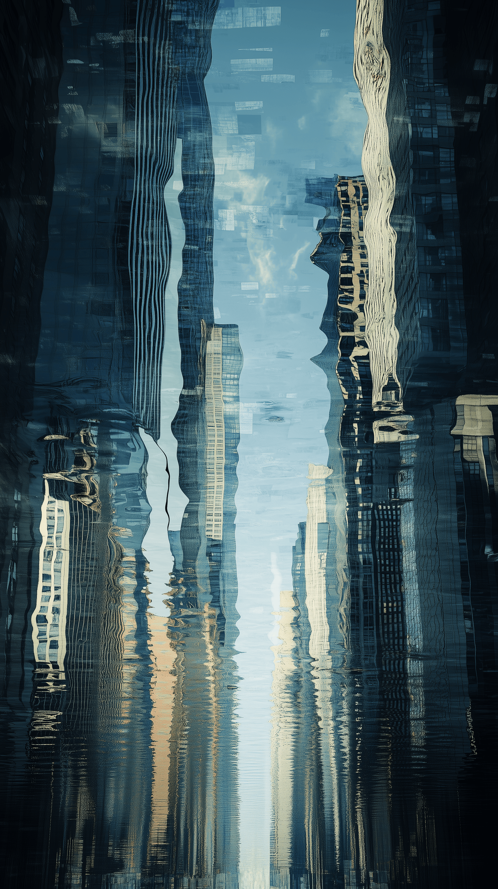 AI generated: image of a modern cityscape, captured through the reflective surface of a distorted mirror' the buil...