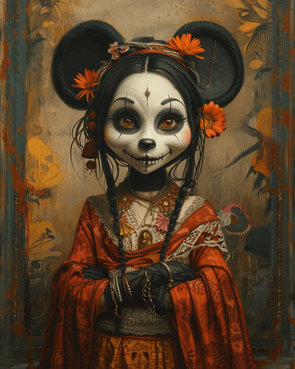 AI generated: a painting of a Mickey Mouse with make up of Catrina, in the style of disney animation, 32k uhd, cha...