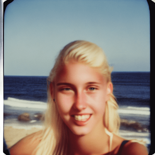 AI generated: 18-year-old blonde woman with dark brown eyes, white skin, ultra-realistic on the beach, taken with ...