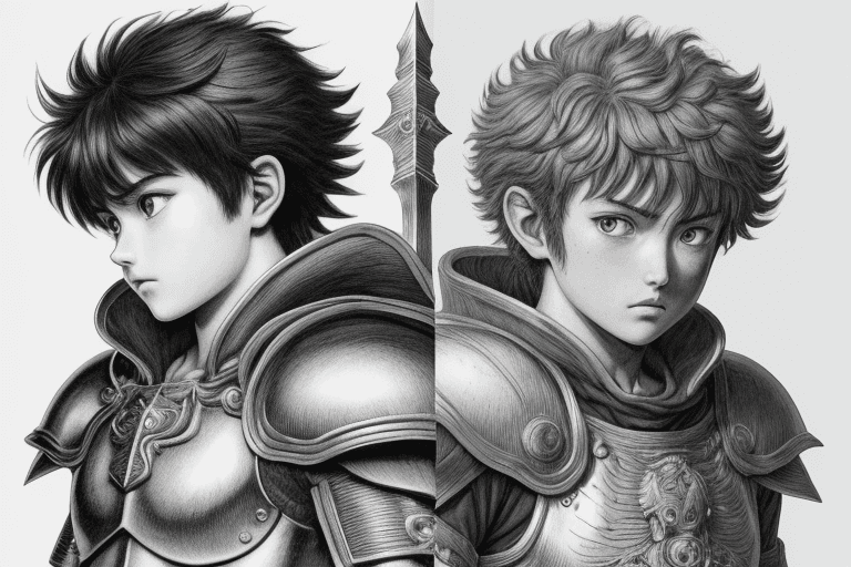 AI generated: monochrome, a little boy, brown hair with tuft, in golden armor, manga, ((without helmet)), berserk ...