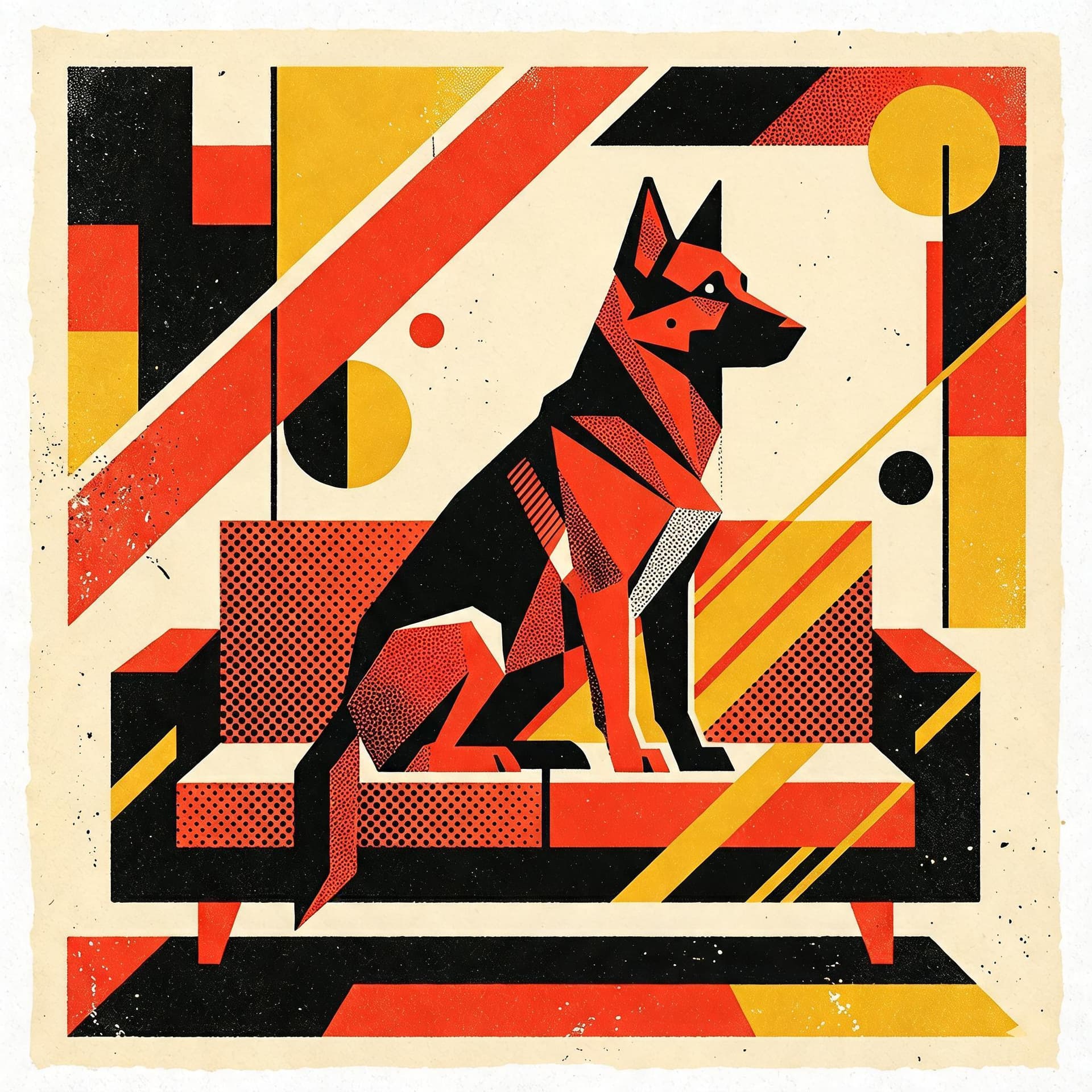 AI generated: A
minimalist graphic vector illustration of a german shepperd sit on a couch,
constructivism
style, ...