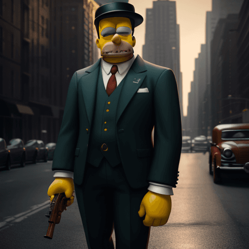 AI generated: Home Dressed in a Gucci suit, looking like a gangster, 1930's style, Mafia gangster Homer Simpsons, ...