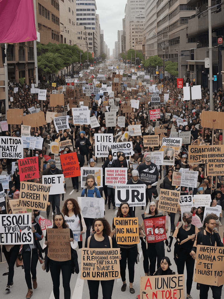 AI generated:  A united group of protesters marching through a city street, their banners and signs raising awaren...