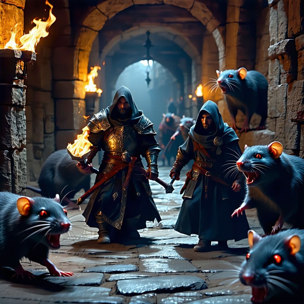 AI generated: 3 characters (a warrior, a priest, and a thief) are in a torch lit corridor, fighting giant rats wit...
