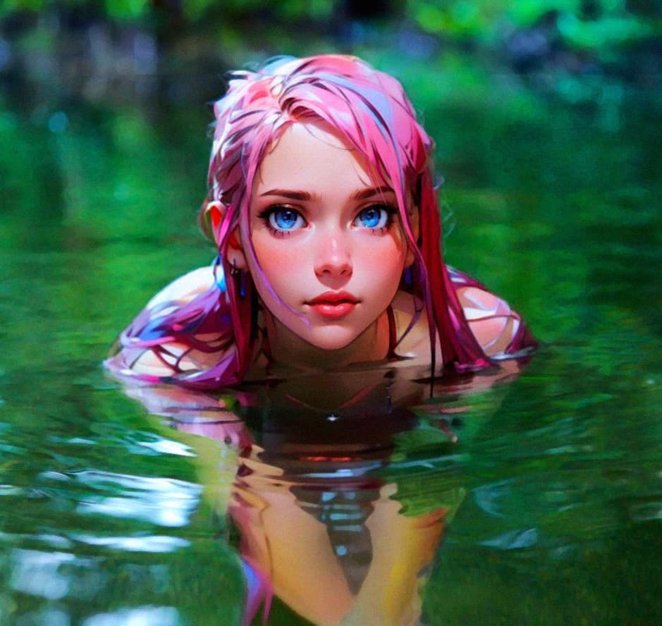 AI generated: Cute female bathing on a river by the woods, submerged, with blue eyes, pink wet hair, depth of fiel...