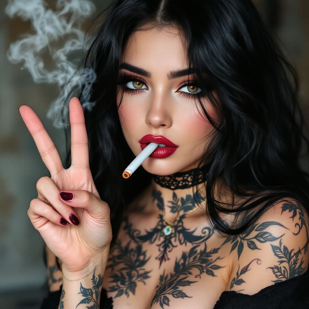 AI generated: High resolution tatted baddie makeup beautiful eyeliner long eyelashes  hazel eyes long black hair f...