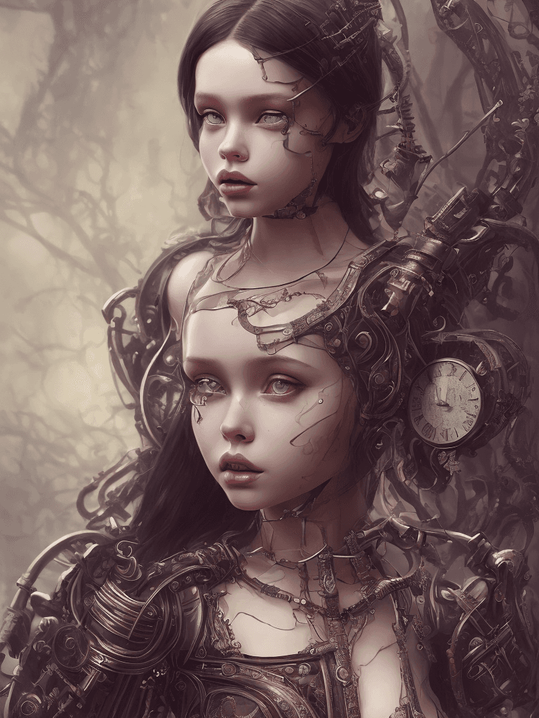 AI generated: mdjrny-v4 style, a (beautiful:1.2) steampunk woman, detailed face, realistic, wednesday addams, Jenn...