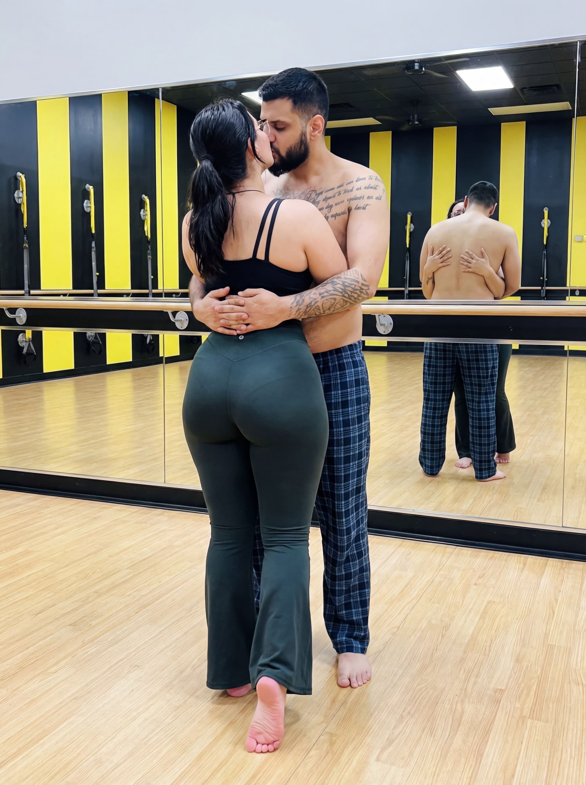 AI generated: French kissing and hugging each other’s , back view women, full body visible , barefoot, pink soles ...