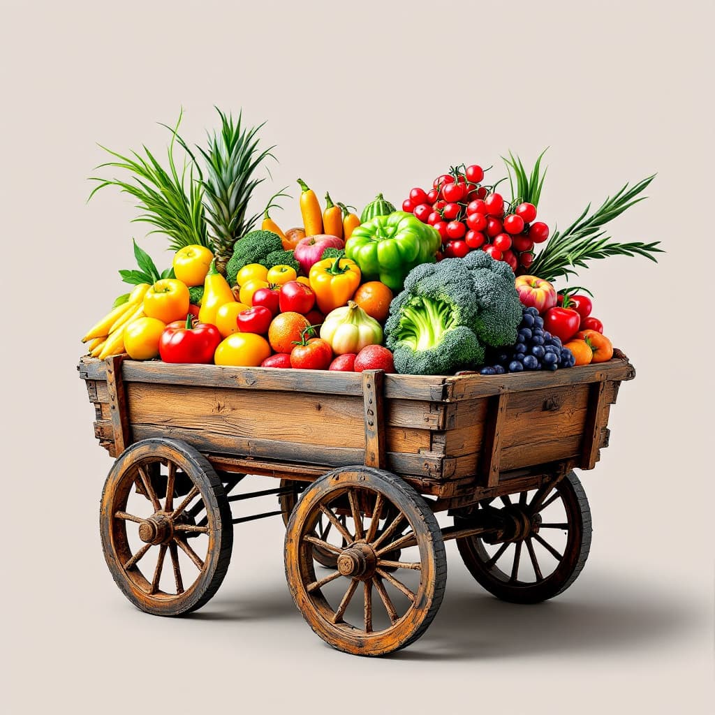 AI generated: Generated an Image of Cart that containing Fruits, Cash crops and vegetables, the image should be hi...