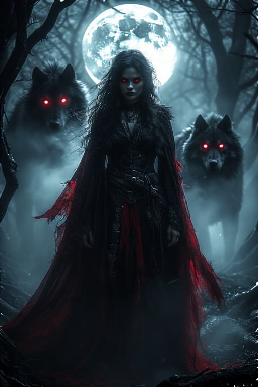AI generated: an ominous, moonlit forest drenched in an atmosphere of danger and predatory allure. At the center s...