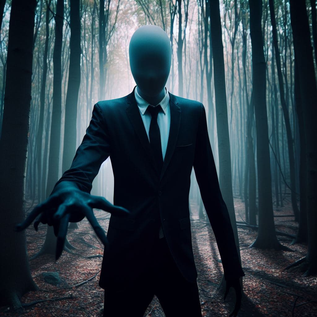 AI generated: Slenderman in a very creepy,disturbing scene,photorealistic,dynamic lights,greg rutkowski,in a wood