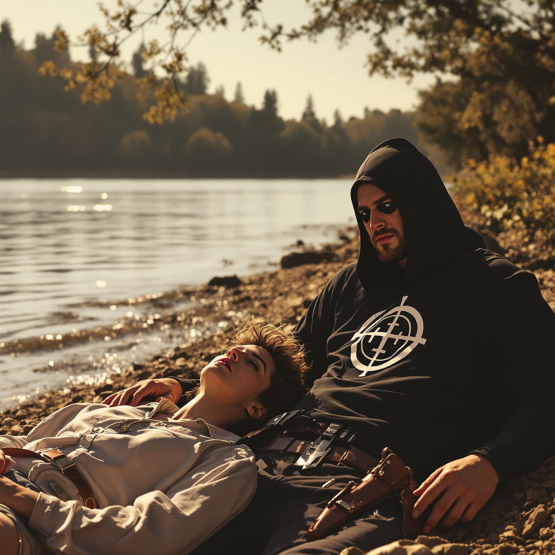 AI generated: a hyper-realistic image set in the 1960s, capturing a tense and unsettling moment at Lake Berryessa:...