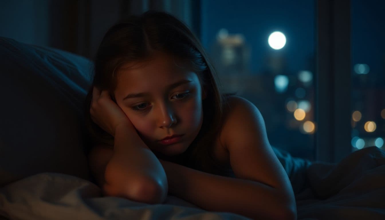 AI generated: A tired girl with dark circles under her eyes sits in bed. Insomnia. Night outside the window