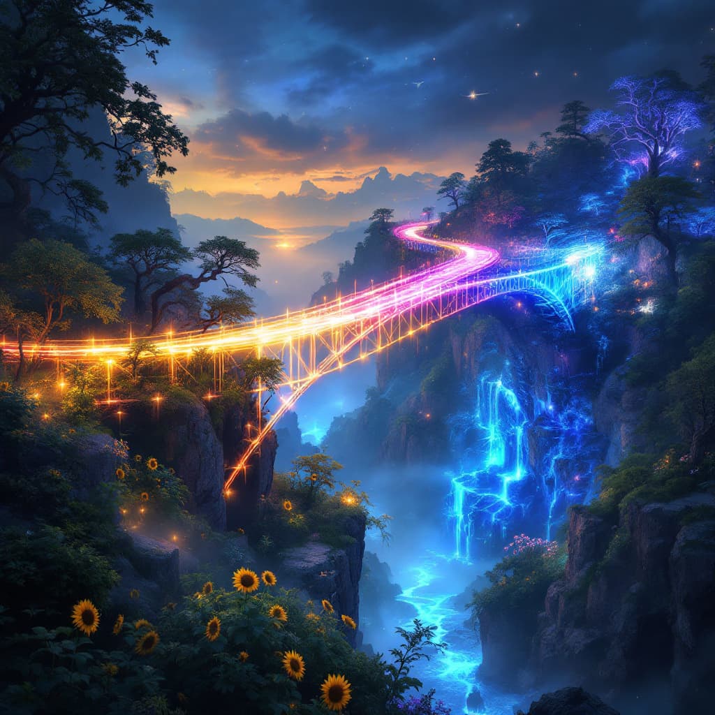AI generated: 
"Create an photorealistic pictue of a bridge made entirely out of glowing, colorful lights that con...