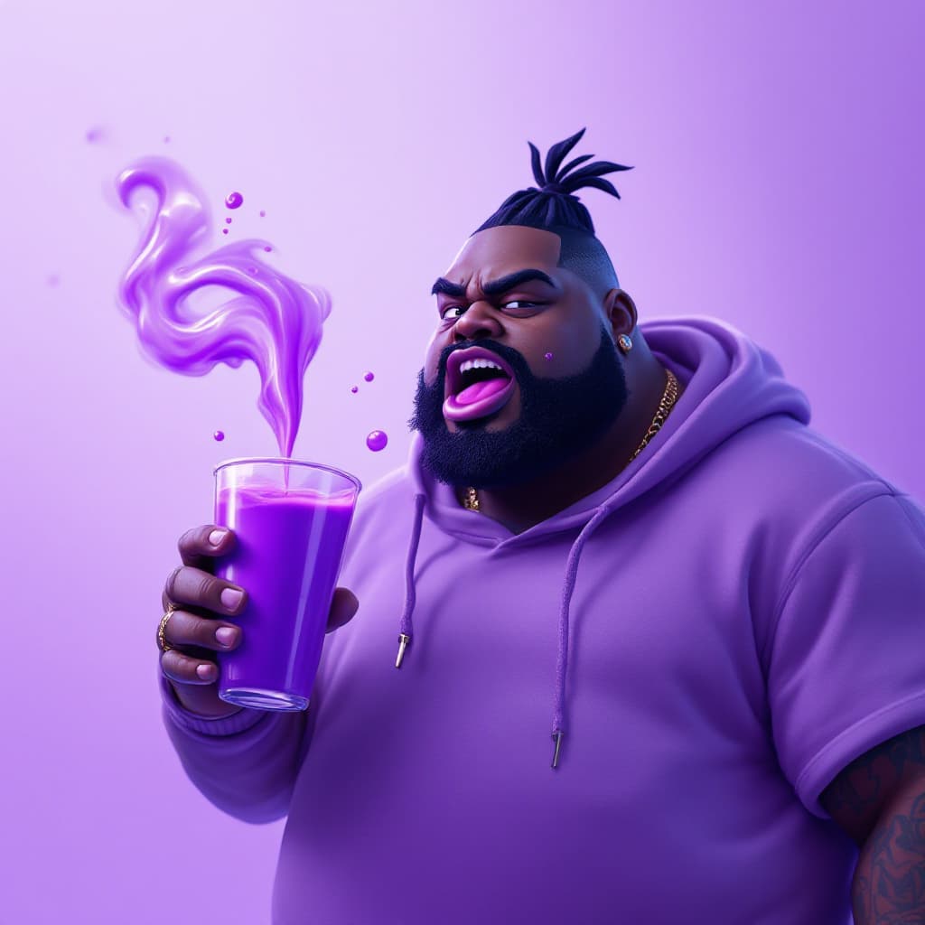 AI generated: dave blunts, a big very very fat black rapper as fortnite character holding purple slurp juice 