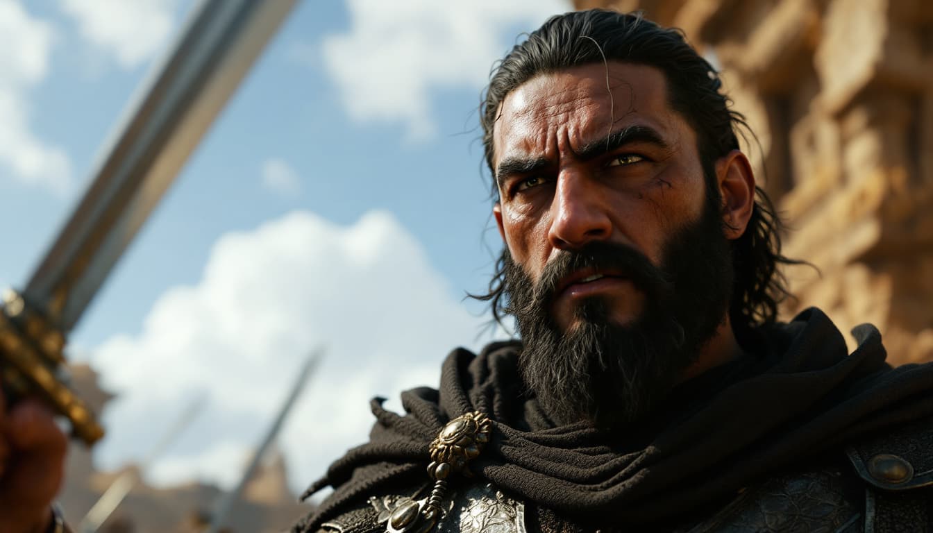 AI generated: hyper realistic .POV shot from Ario’s perspective as Parushat says, “Raise your sword for your land....