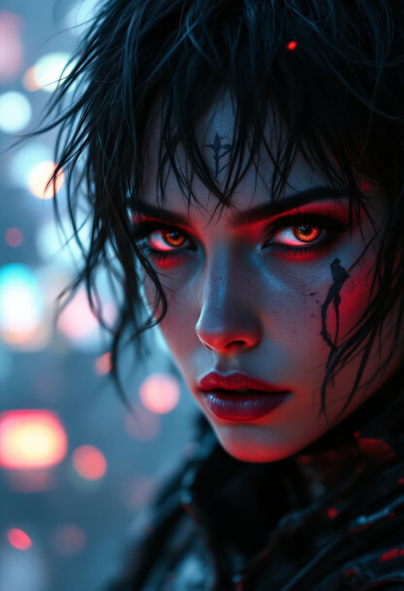 AI generated: A stunning close-up portrait of a mysterious cyberpunk warrior woman with brown an grey eyes, short ...
