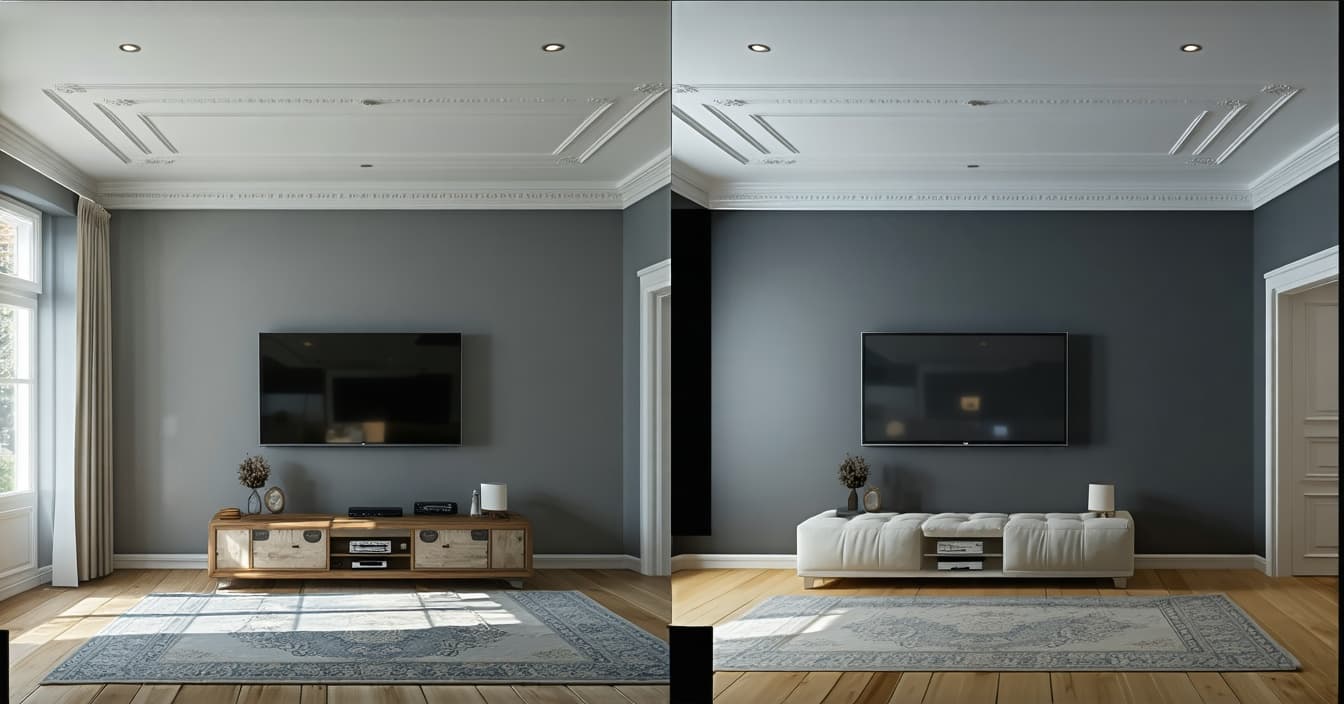 AI generated: replace the grey wall in the 1st photo to the pattern in 2nd photo