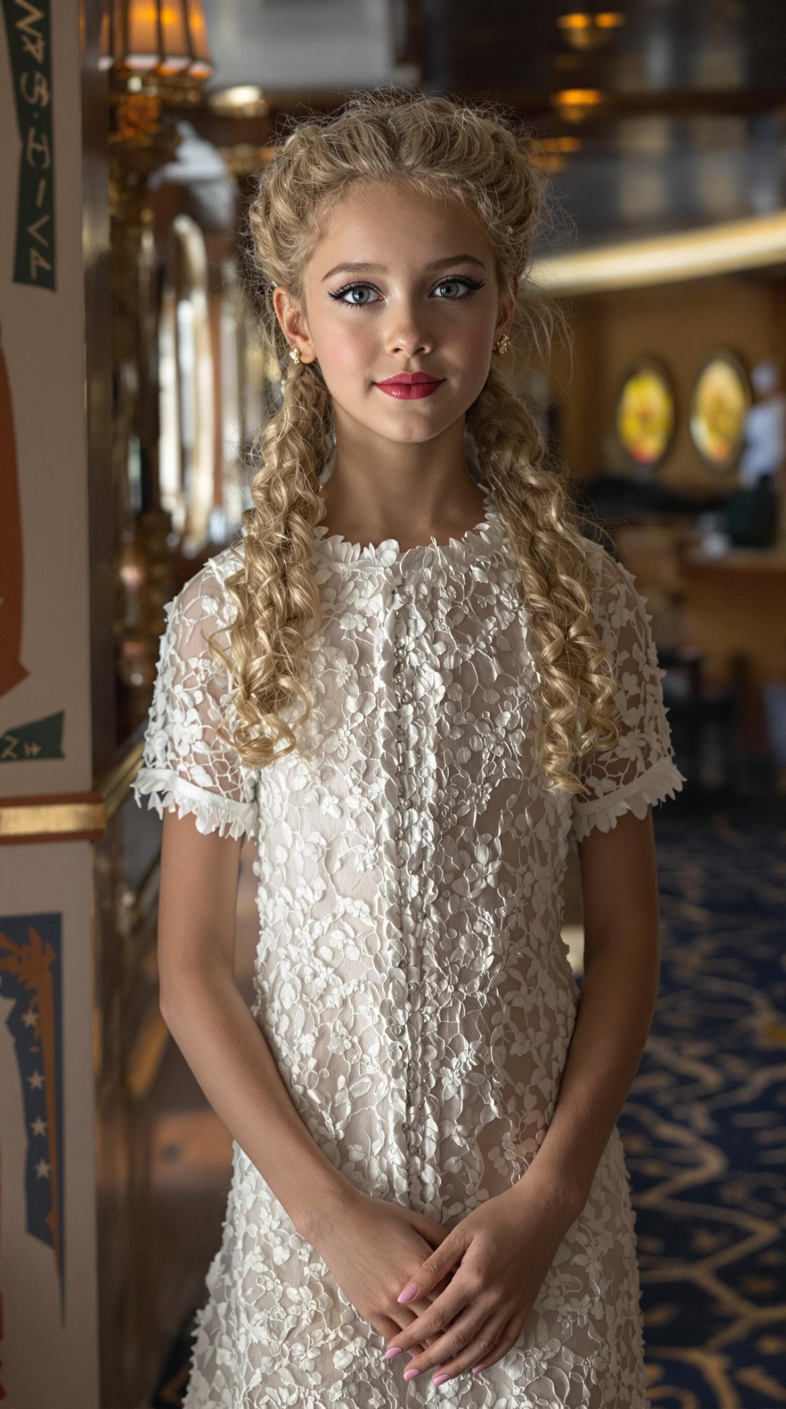 AI generated: a professional photo of a exceptionally beautiful girl aboard the Queen Mary (age 7), (seven year ol...