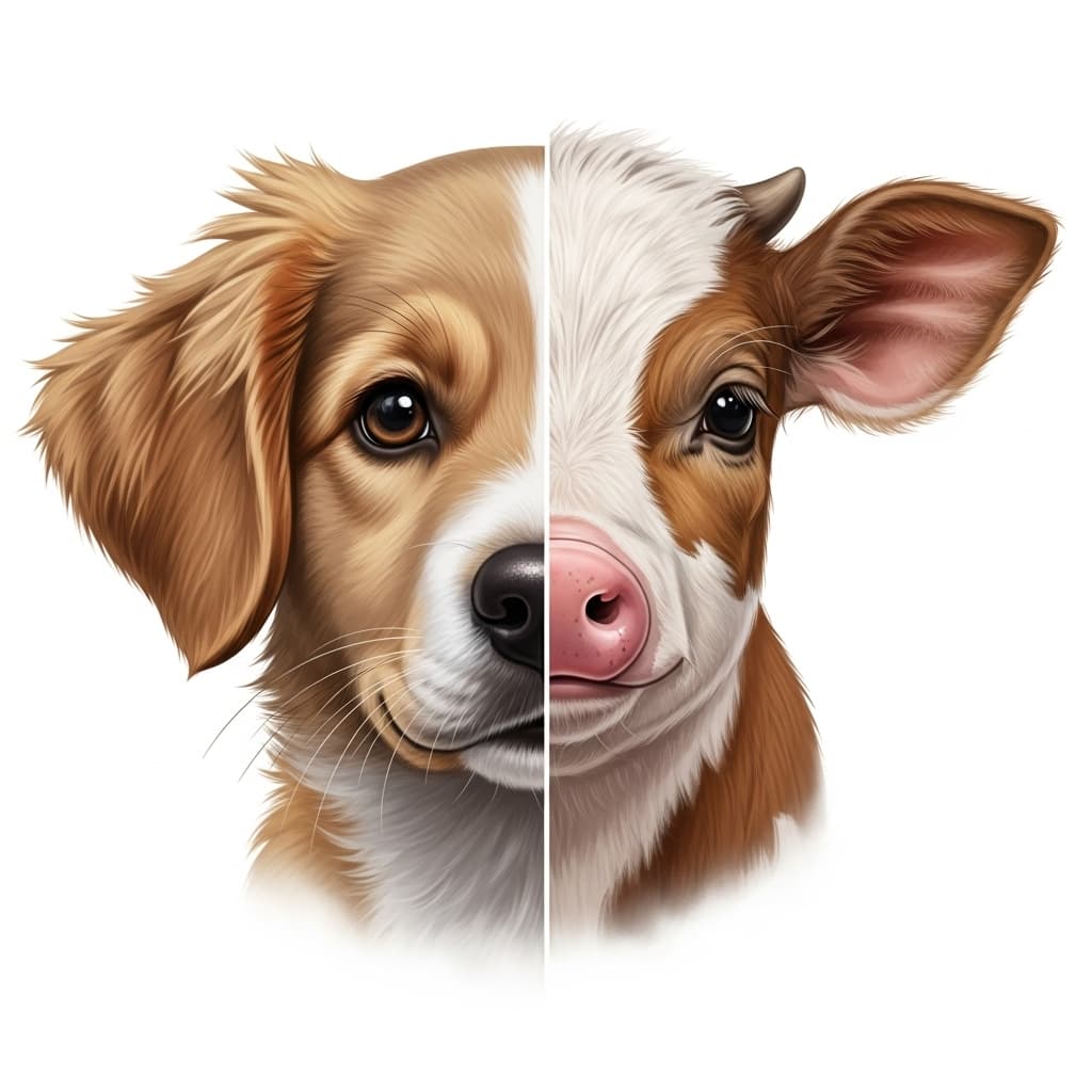 AI generated: • The split between dog and pig/cow should be directly down the center of the face. And they should ...