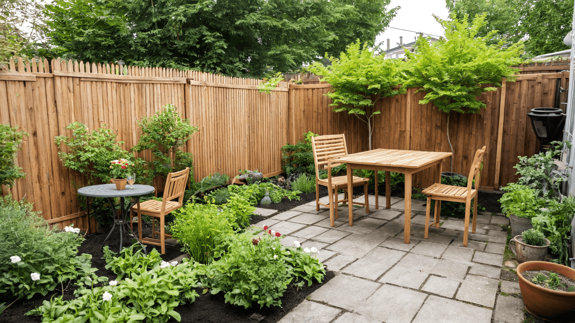 AI generated: a backyard garden with a wooden fence and a small table with chairs