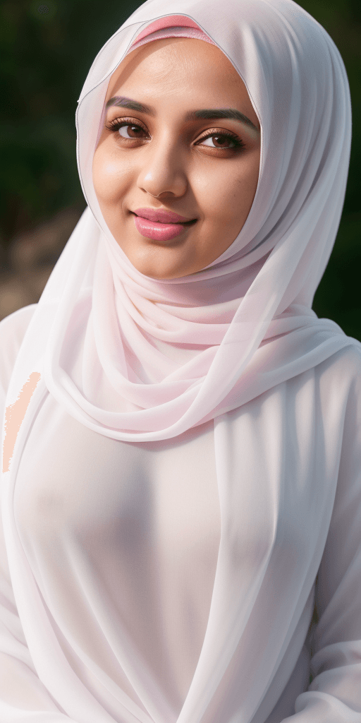 AI generated: muslim woman wearing white color transparent hijab, full body photo, seductive restrained smile, rou...