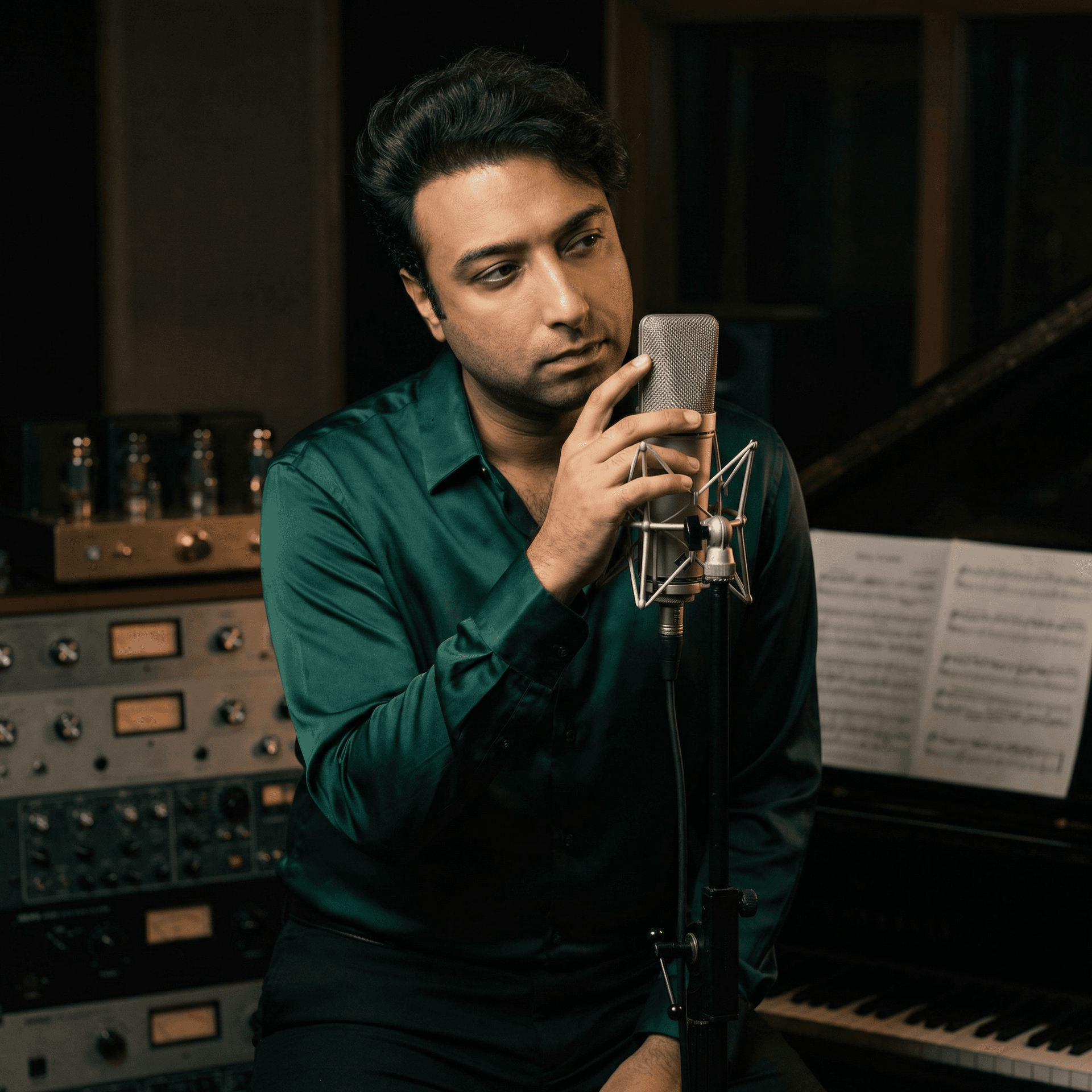 AI generated: A stunningly beautiful album cover photo of a legendary Persian male singer in his 40s. He is elegan...