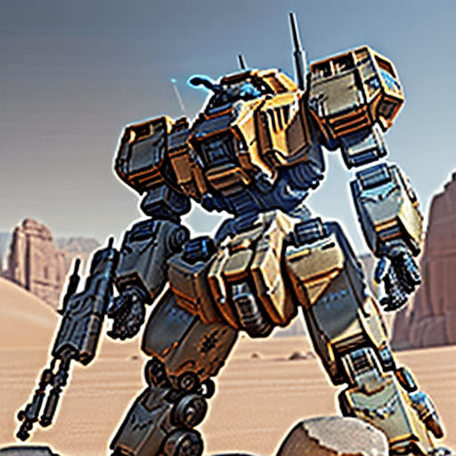 AI generated: A mechwarrior with back ankle ,electronics,details ,concept,in desert with rocks and stones,machineg...