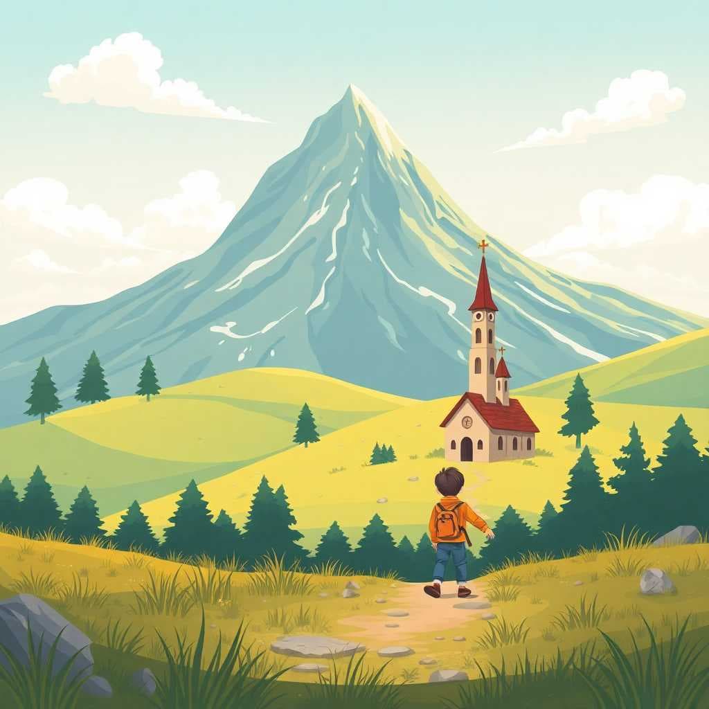 AI generated: a landscape view of nature, with mount and grassland. there is a boy walking to the church. make it ...